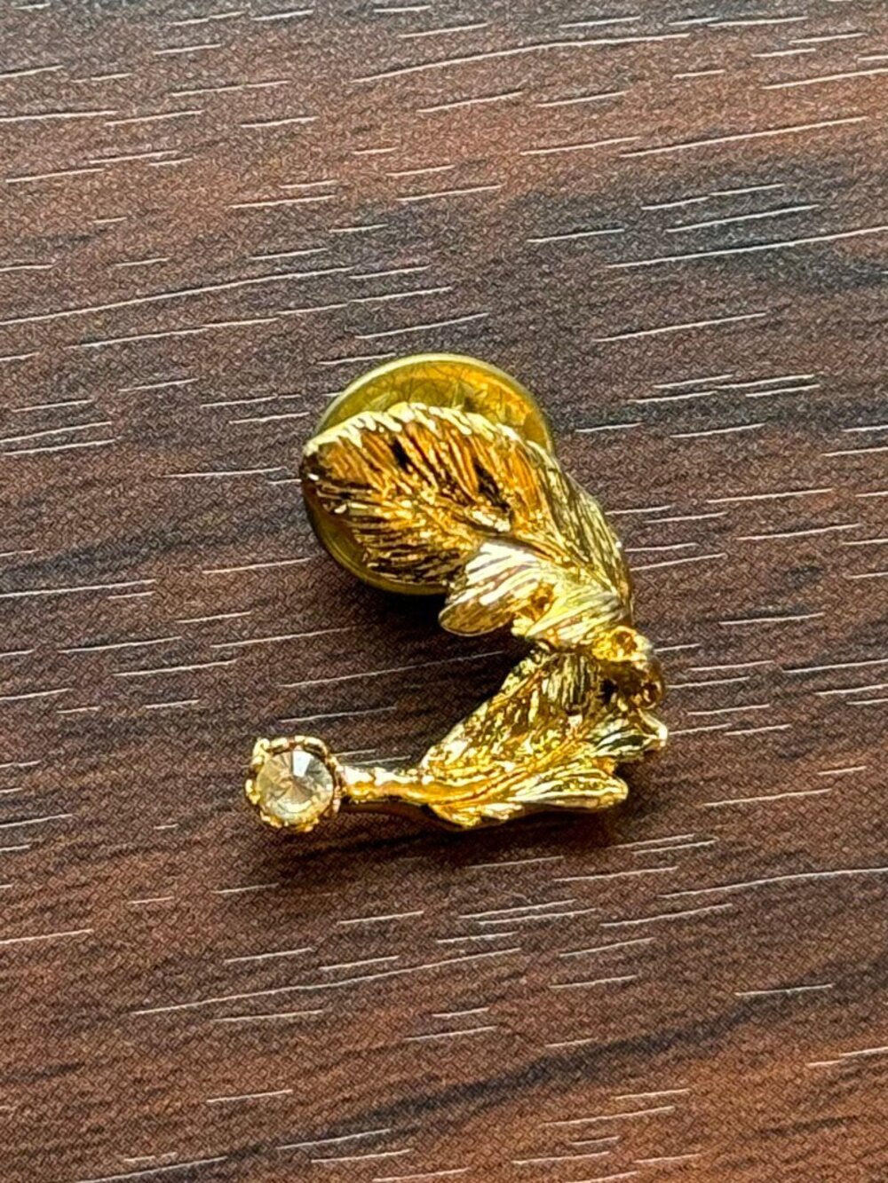 Vintage Feather Brooch Pin with Rhinestone Gold Tone